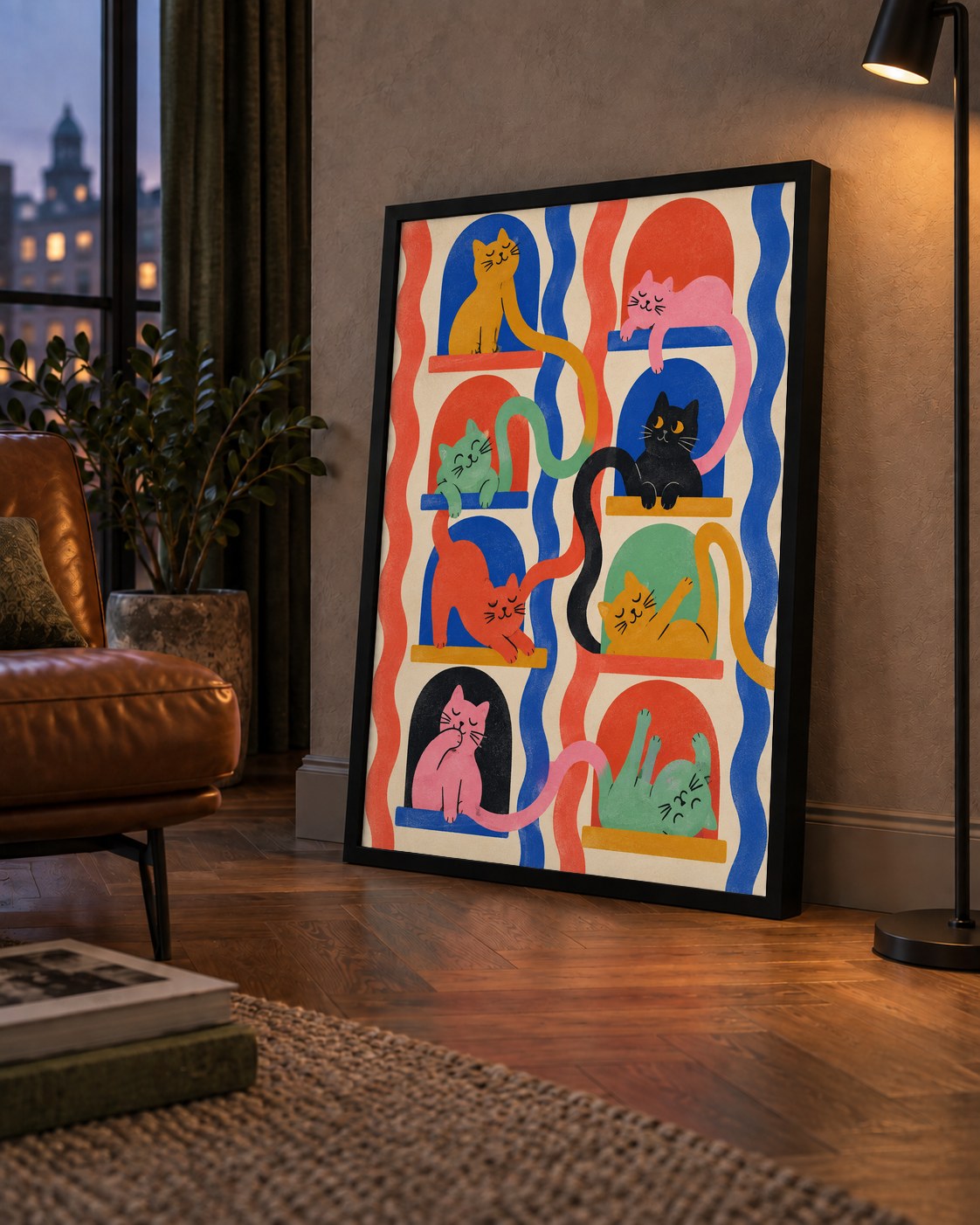 Renkli Kedi İllüstrasyonu Poster – Sevimli Modern Duvar Dekoru — çerçeveli hâliyle bir ev duvarında