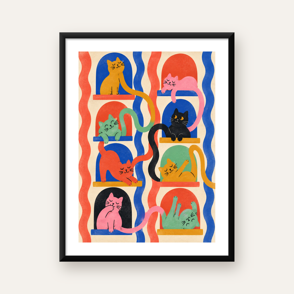 Renkli Kedi İllüstrasyonu Poster – Sevimli Modern Duvar Dekoru — Dikey baskı, beyaz paspartulu