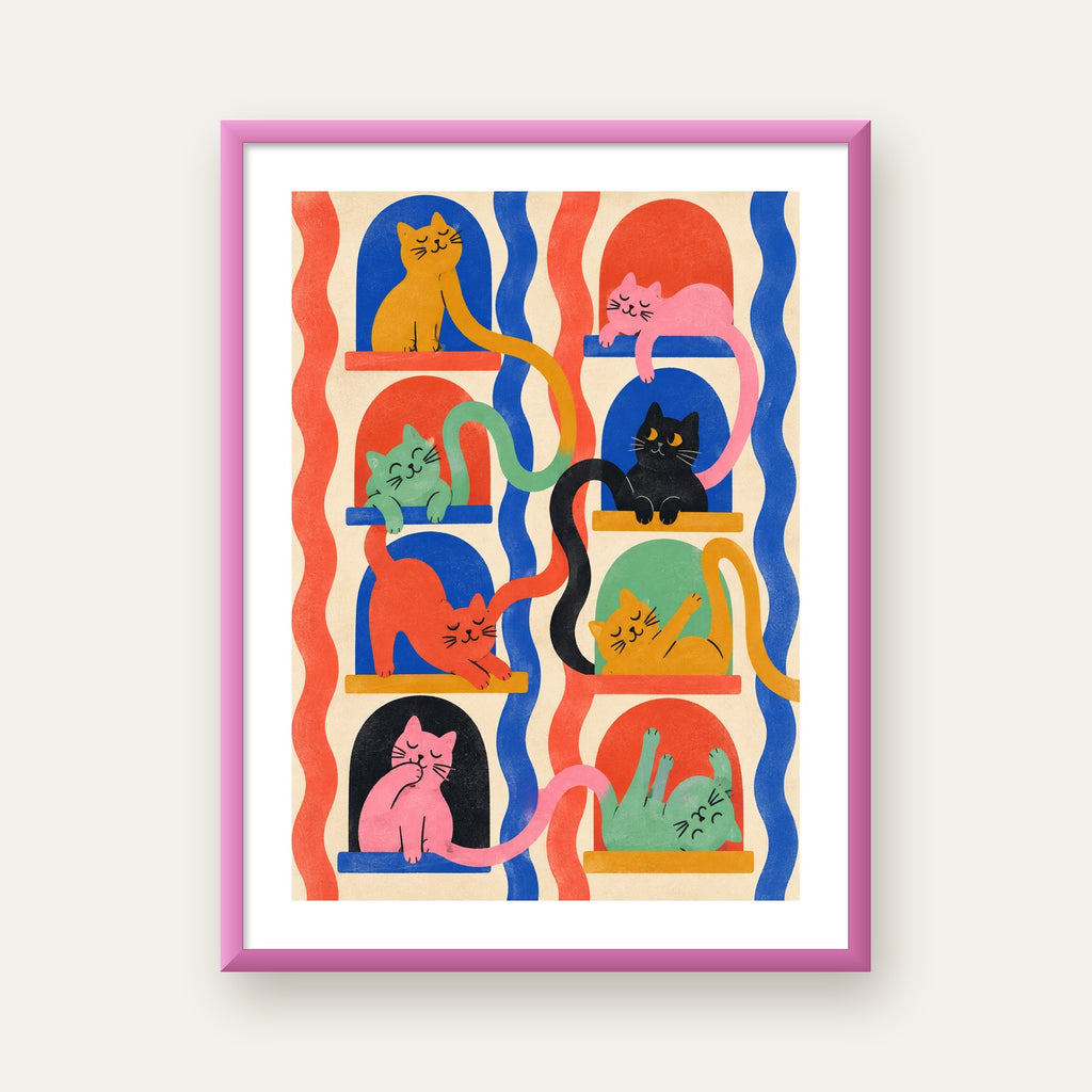 Renkli Kedi İllüstrasyonu Poster – Sevimli Modern Duvar Dekoru — pembe çerçeveli paspartulu