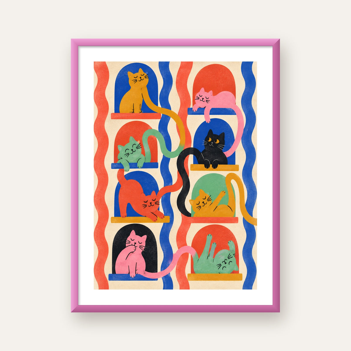 Renkli Kedi İllüstrasyonu Poster – Sevimli Modern Duvar Dekoru — pembe çerçeveli paspartulu