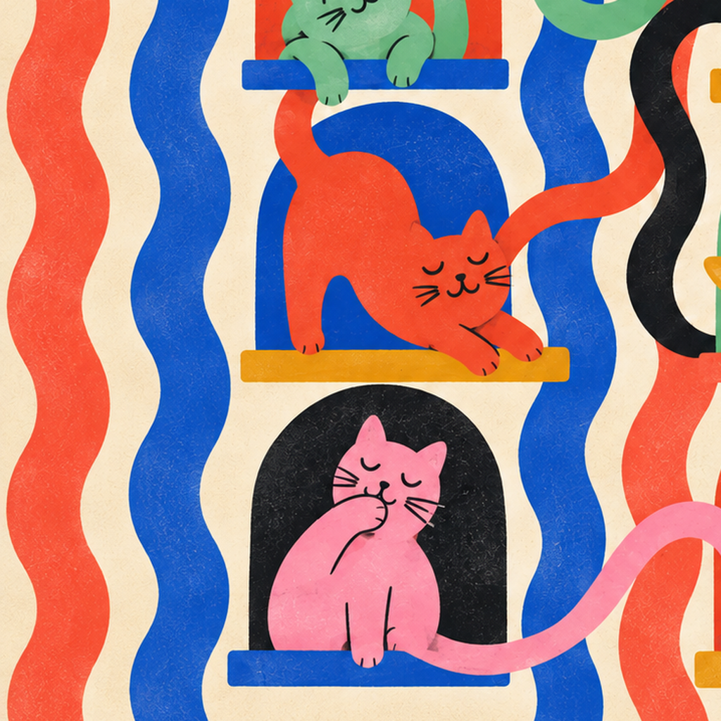 Renkli Kedi İllüstrasyonu Poster – Sevimli Modern Duvar Dekoru — baskının yakın çekimi, kâğıt dokusu ve renk detayı