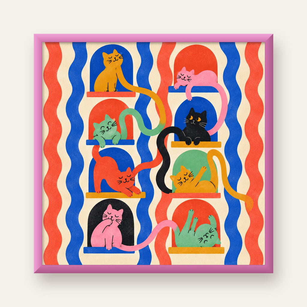 Renkli Kedi İllüstrasyonu Poster – Sevimli Modern Duvar Dekoru — pembe çerçeveli