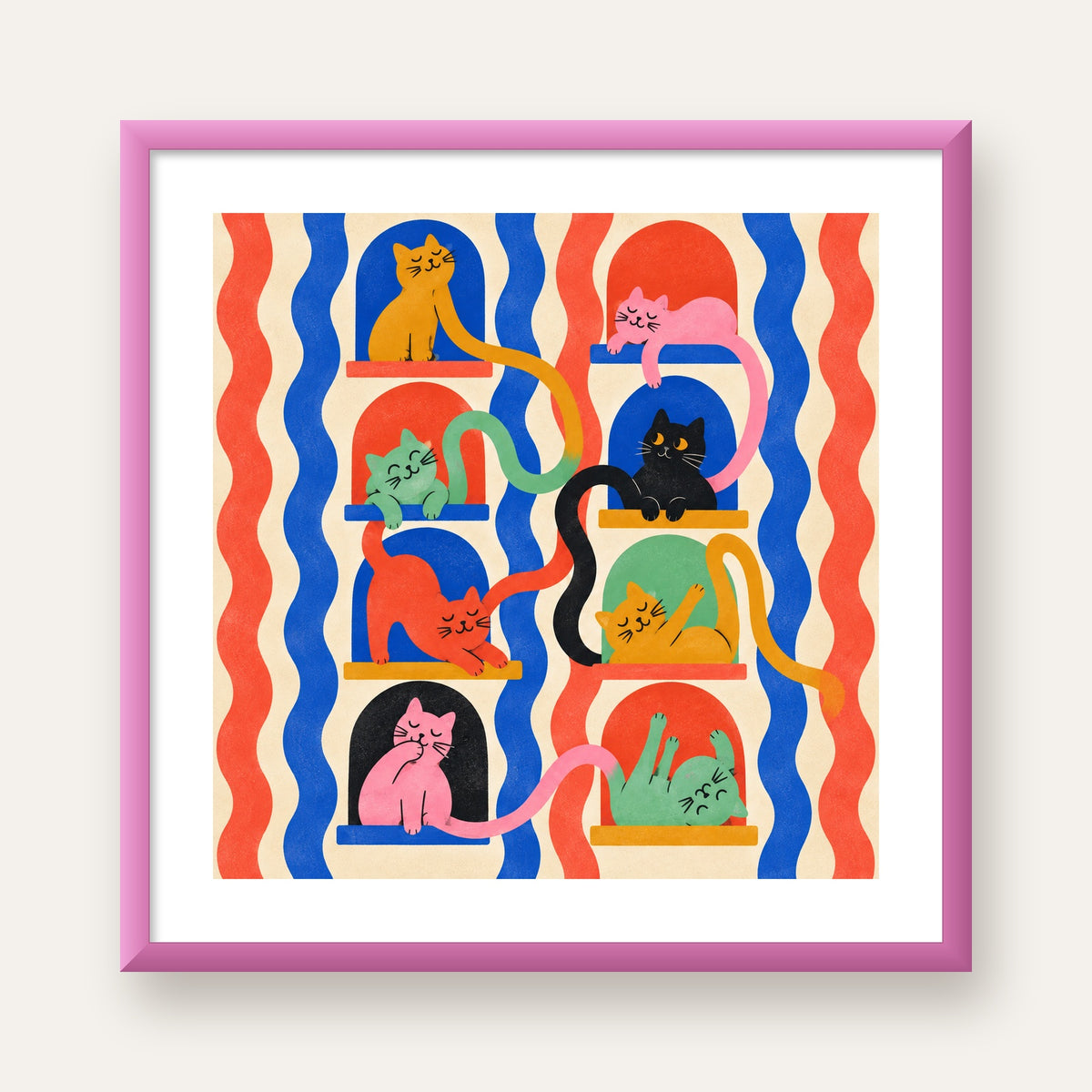 Renkli Kedi İllüstrasyonu Poster – Sevimli Modern Duvar Dekoru — pembe çerçeveli paspartulu
