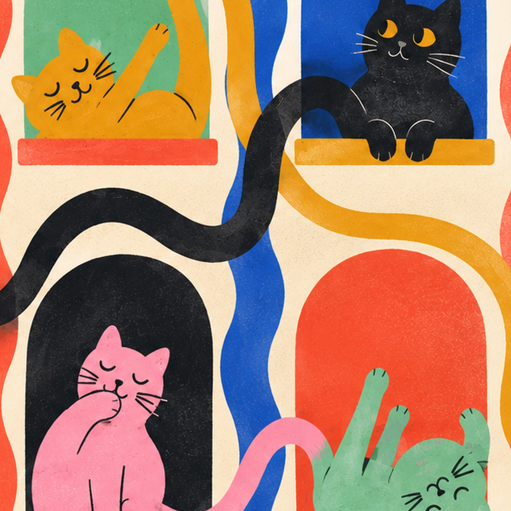 Renkli Kedi İllüstrasyonu Poster – Sevimli Modern Duvar Dekoru — baskının yakın çekimi, kâğıt dokusu ve renk detayı