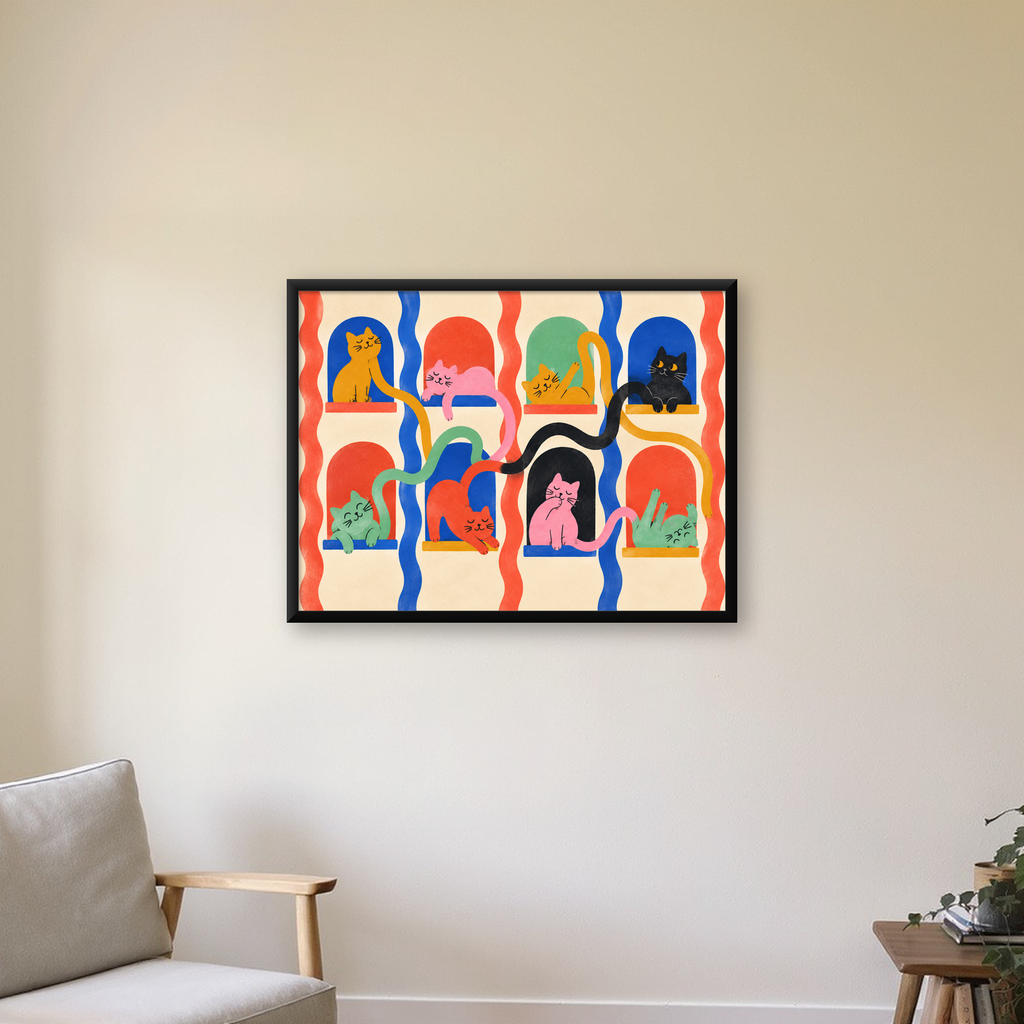 Renkli Kedi İllüstrasyonu Poster – Sevimli Modern Duvar Dekoru — Yatay baskı, çerçeveli hâliyle bir ev duvarında