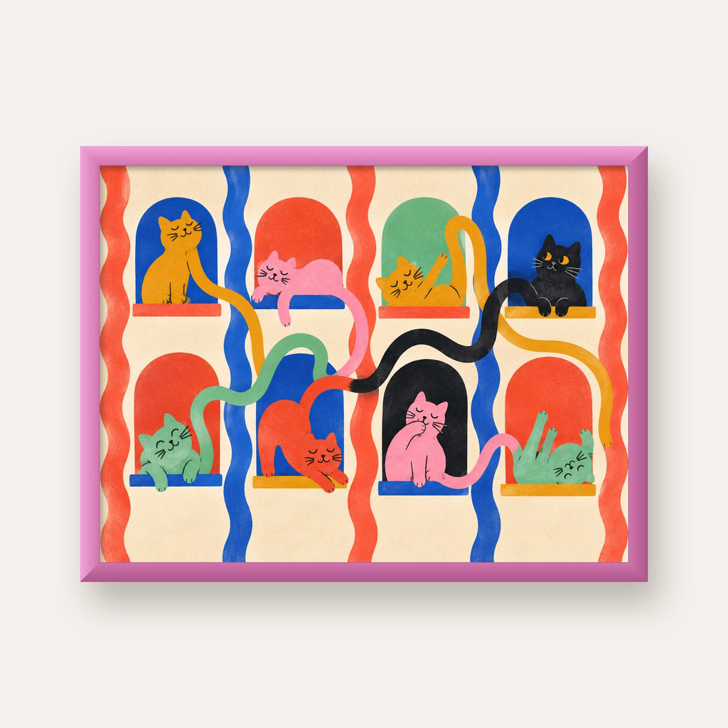 Renkli Kedi İllüstrasyonu Poster – Sevimli Modern Duvar Dekoru — pembe çerçeveli