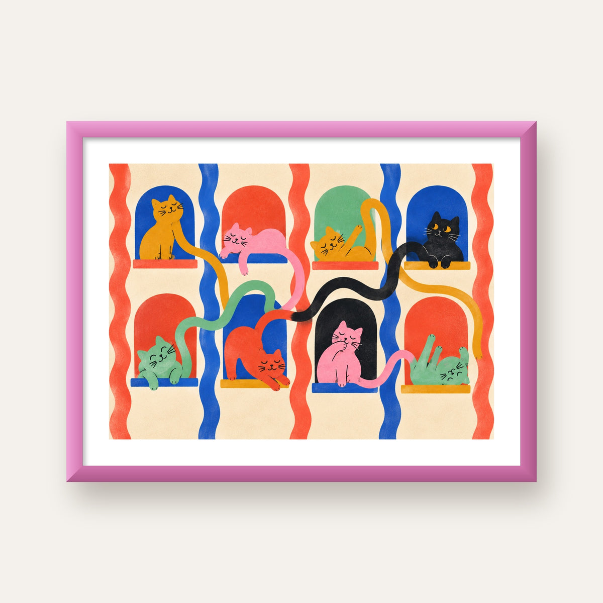 Renkli Kedi İllüstrasyonu Poster – Sevimli Modern Duvar Dekoru — pembe çerçeveli paspartulu