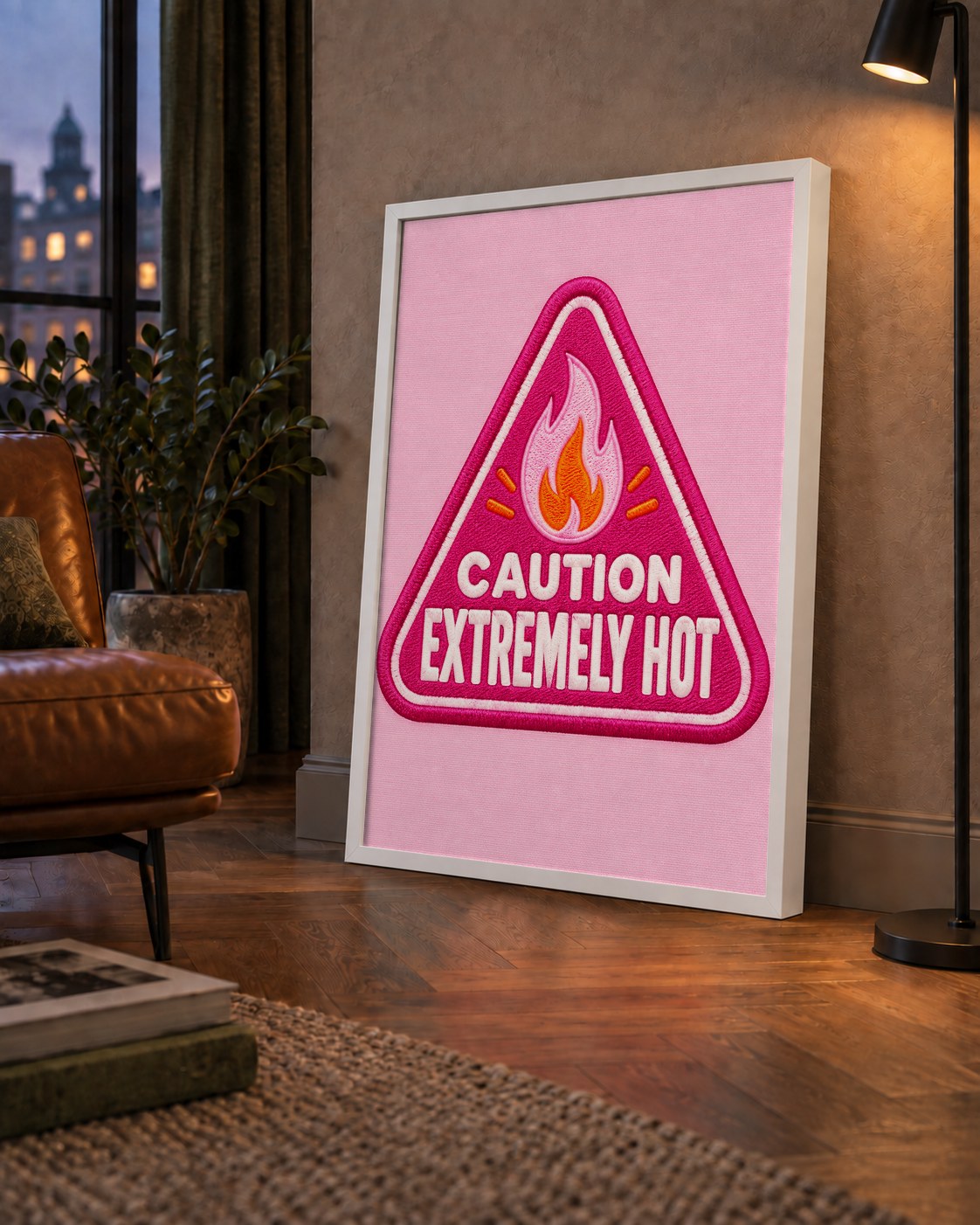 Caution — Extremely Hot — çerçeveli hâliyle bir ev duvarında