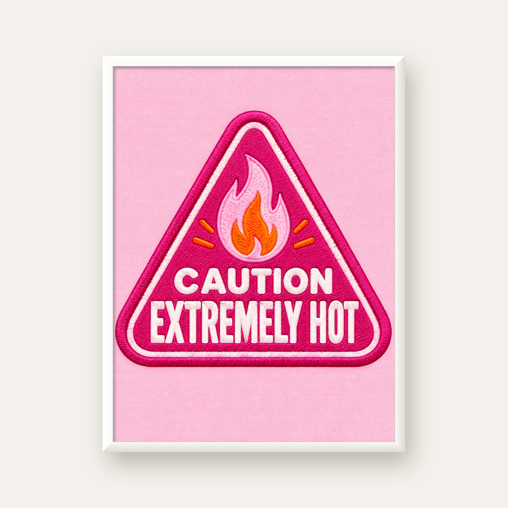 Caution — Extremely Hot — beyaz çerçeveli dikey poster