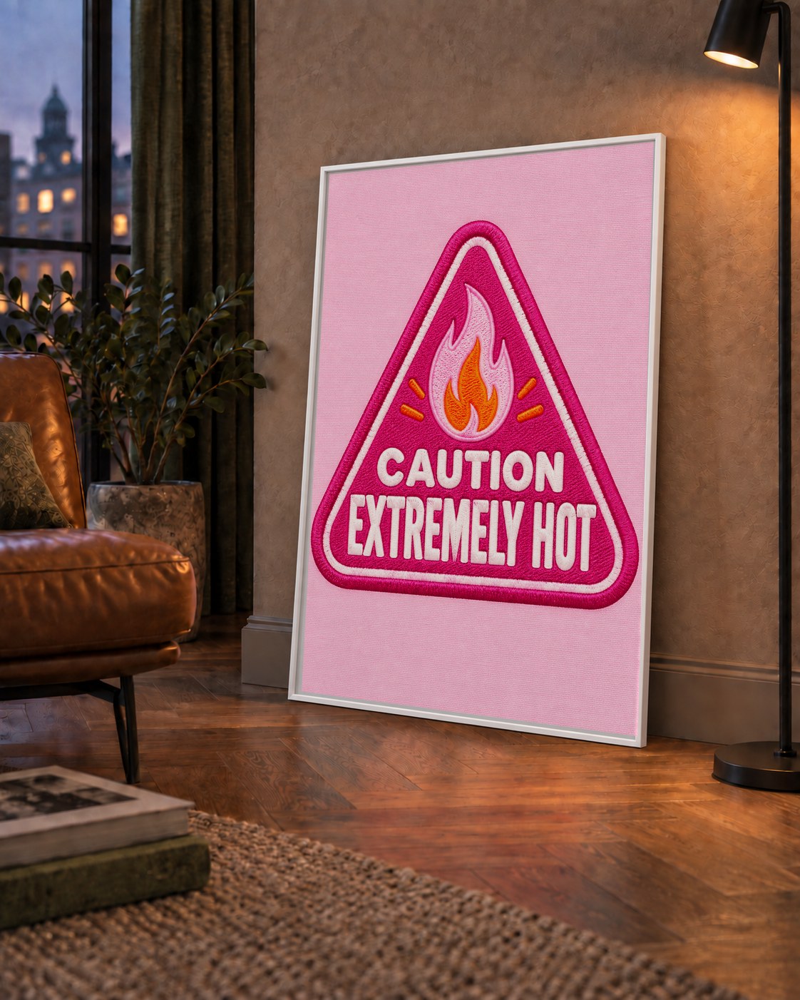 Caution — Extremely Hot — çerçeveli hâliyle bir ev duvarında