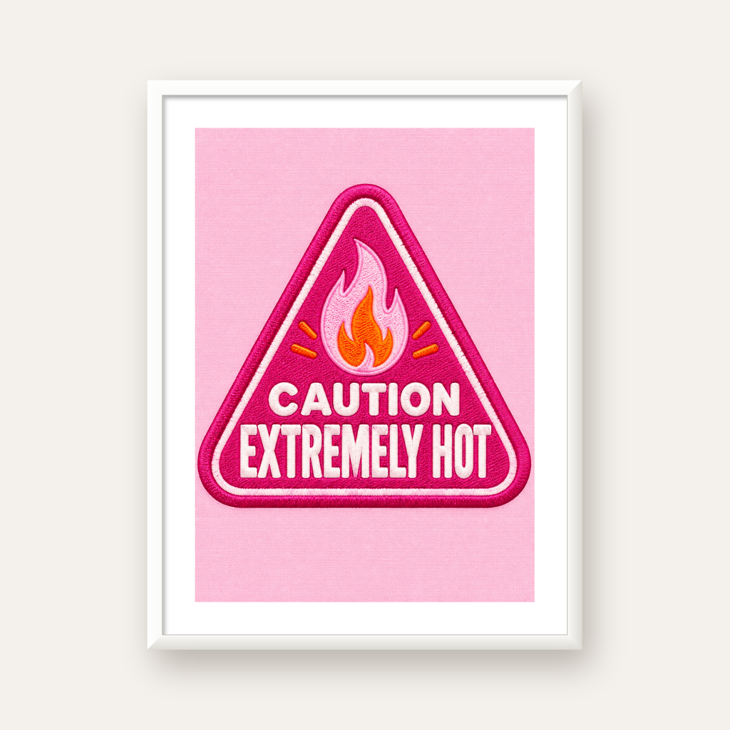Caution — Extremely Hot — beyaz çerçeveli dikey poster