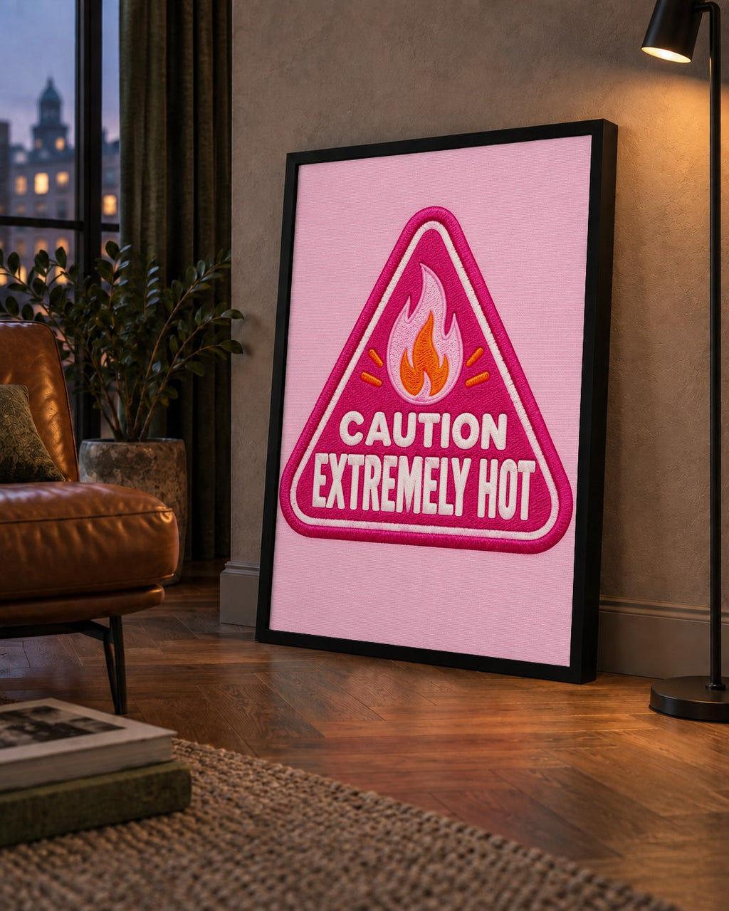 Caution — Extremely Hot — çerçeveli hâliyle bir ev duvarında