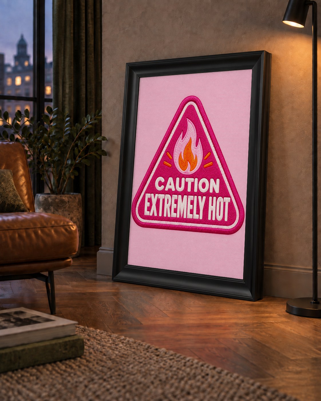 Caution — Extremely Hot — çerçeveli hâliyle bir ev duvarında