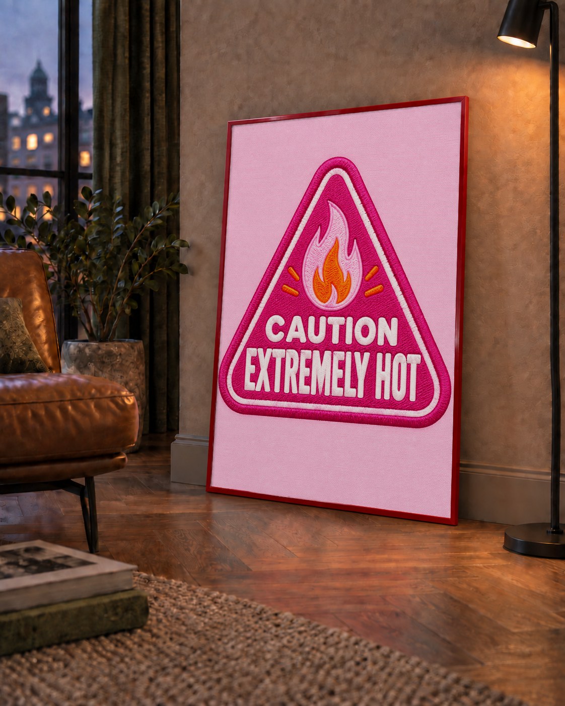 Caution — Extremely Hot — çerçeveli hâliyle bir ev duvarında