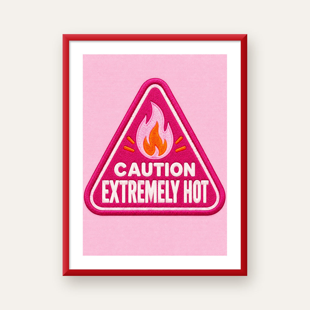 Caution — Extremely Hot — kırmızı çerçeveli paspartulu
