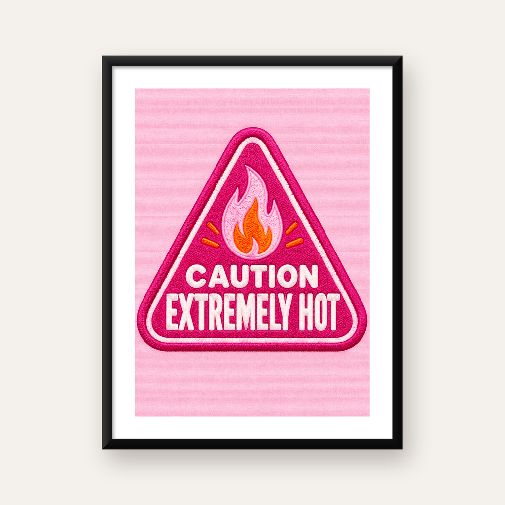 Alev Simgeli Üçgen Uyarı Poster – Pembe Tonlarda Modern Tasarım — Dikey baskı, beyaz kenar boşluklu