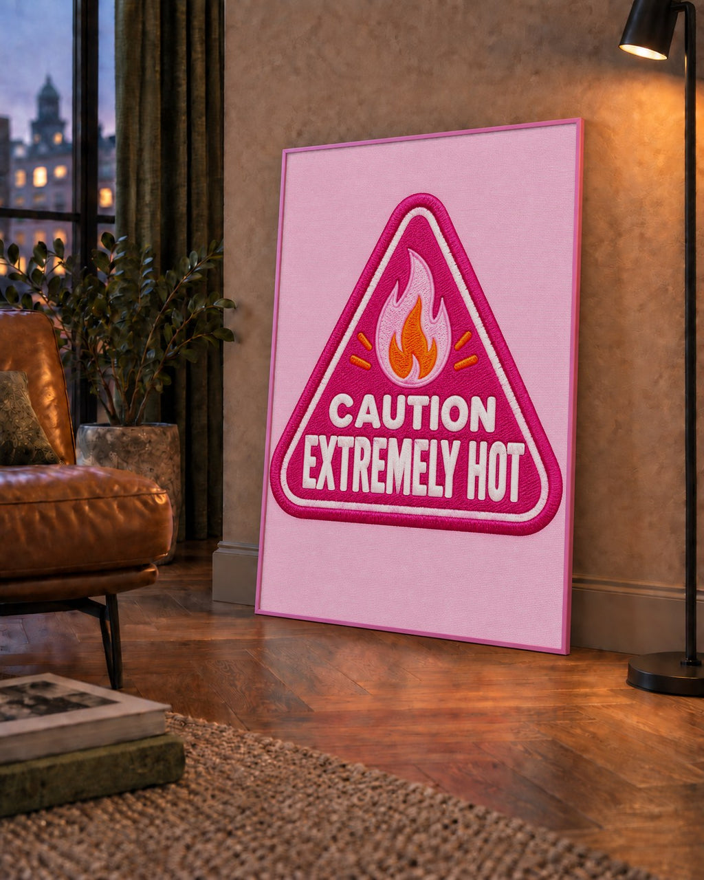 Caution — Extremely Hot — çerçeveli hâliyle bir ev duvarında