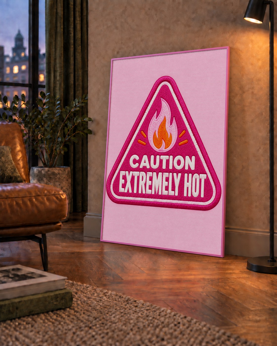 Caution — Extremely Hot — çerçeveli hâliyle bir ev duvarında