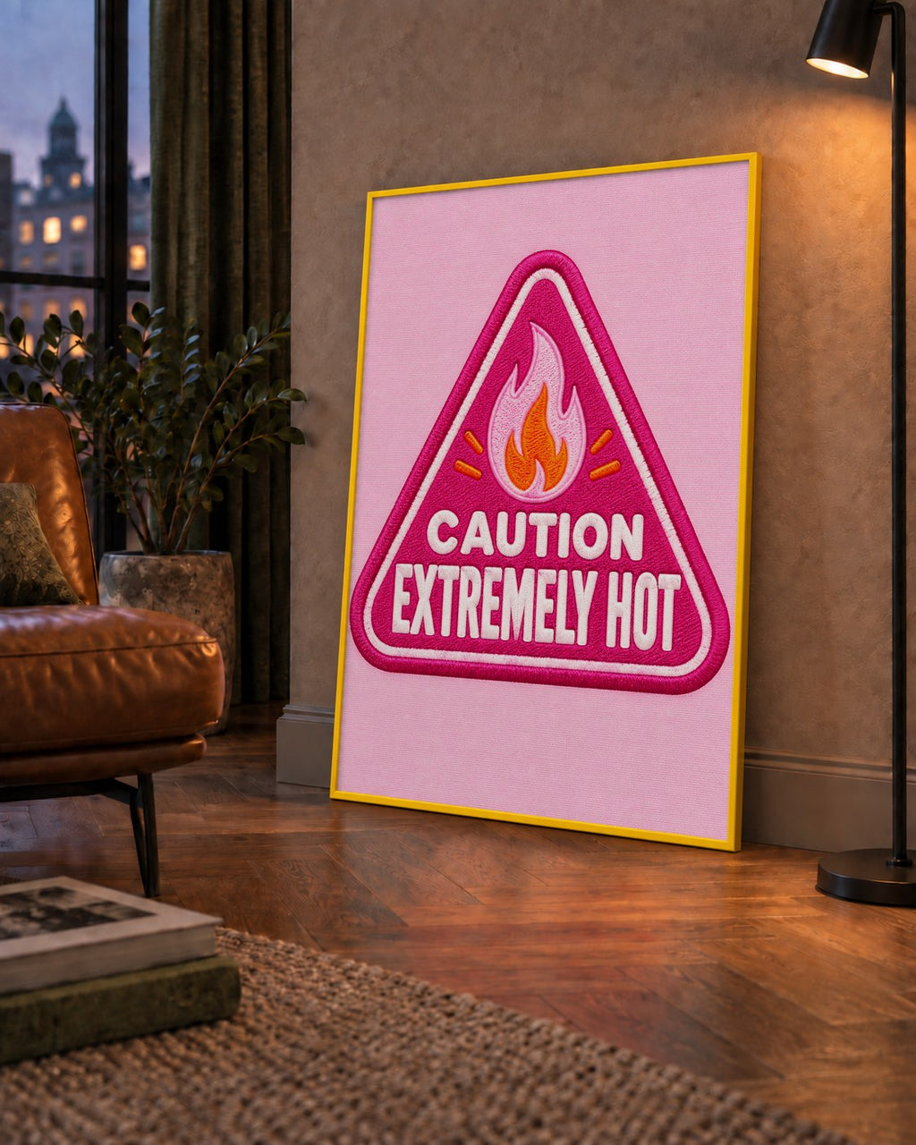 Caution — Extremely Hot — çerçeveli hâliyle bir ev duvarında