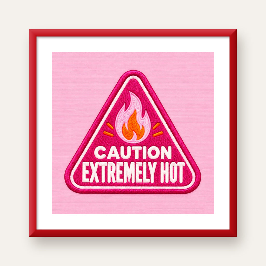 Caution — Extremely Hot — kırmızı çerçeveli paspartulu