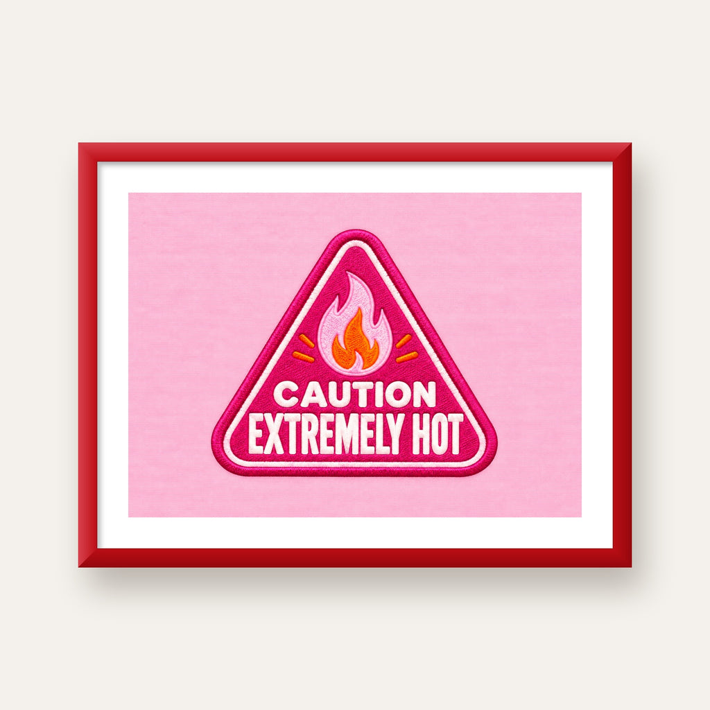 Caution — Extremely Hot — kırmızı çerçeveli paspartulu