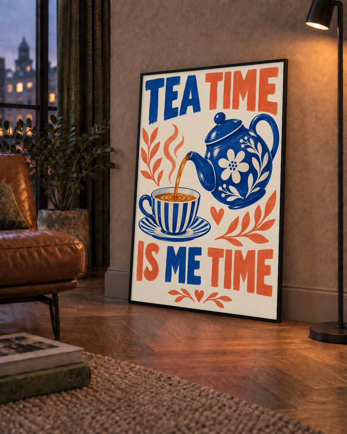 Çay Saati İllüstrasyon Poster - Tea Time İs Me Time Duvar Sanatı — çerçeveli hâliyle bir ev duvarında