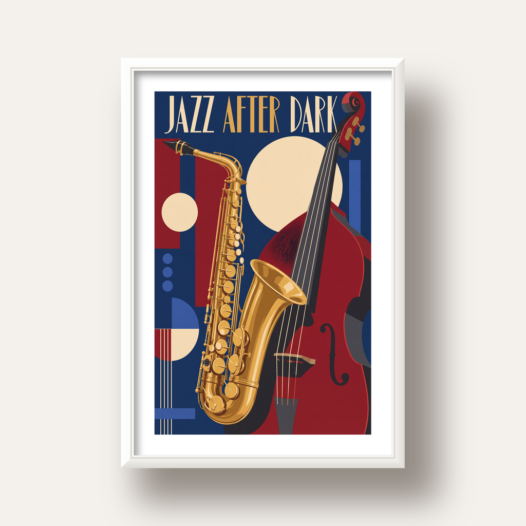Art Deco Caz Enstrümanları ve Geometrik Poster Baskı — beyaz derin çerçeveli paspartulu