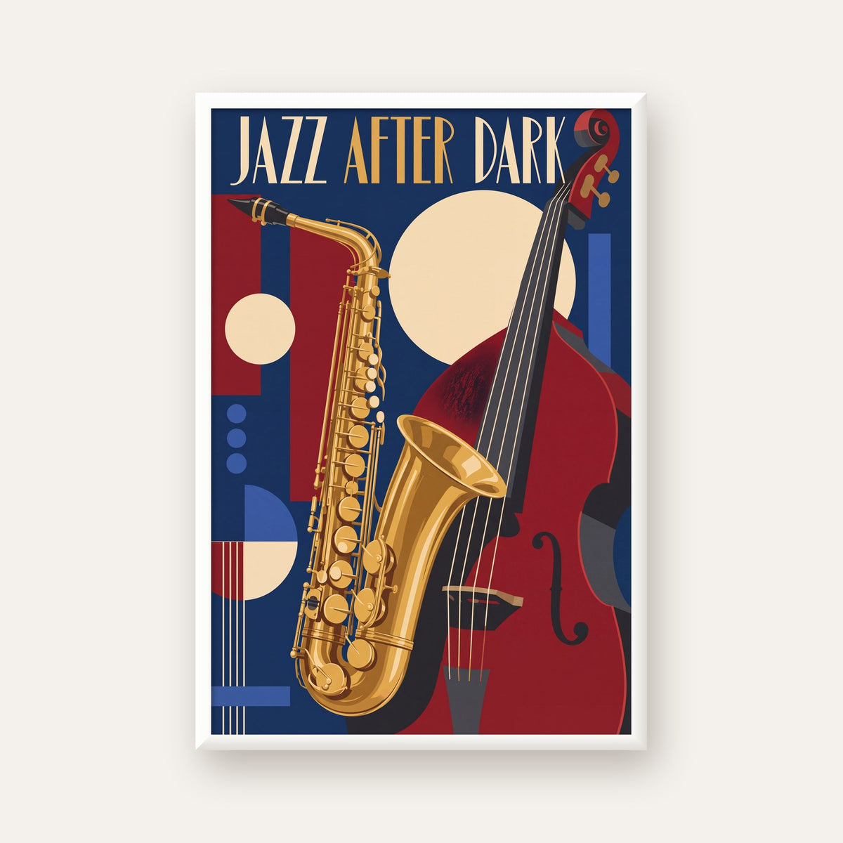 Art Deco Caz Enstrümanları ve Geometrik Poster Baskı — beyaz çerçeveli dikey poster
