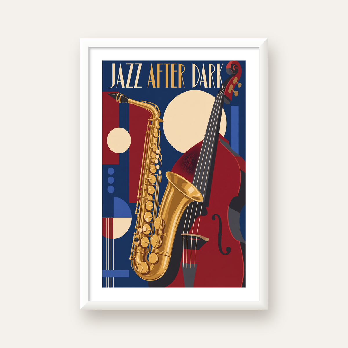 Art Deco Caz Enstrümanları ve Geometrik Poster Baskı — beyaz çerçeveli dikey poster