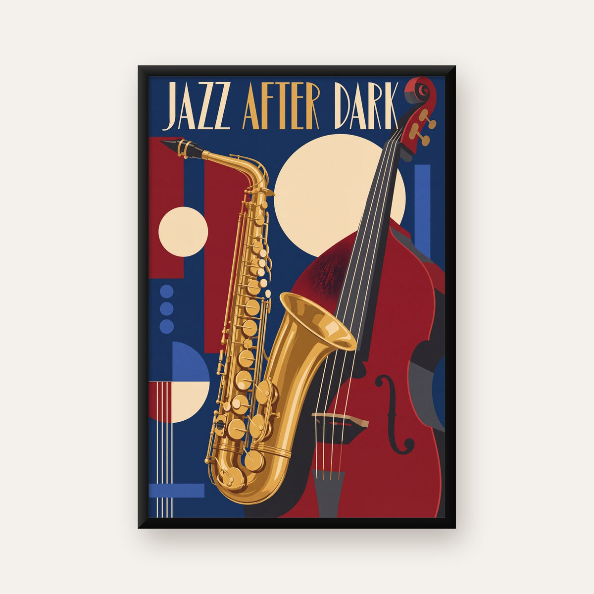 Art Deco Caz Enstrümanları ve Geometrik Poster Baskı — ceviz çerçeveli