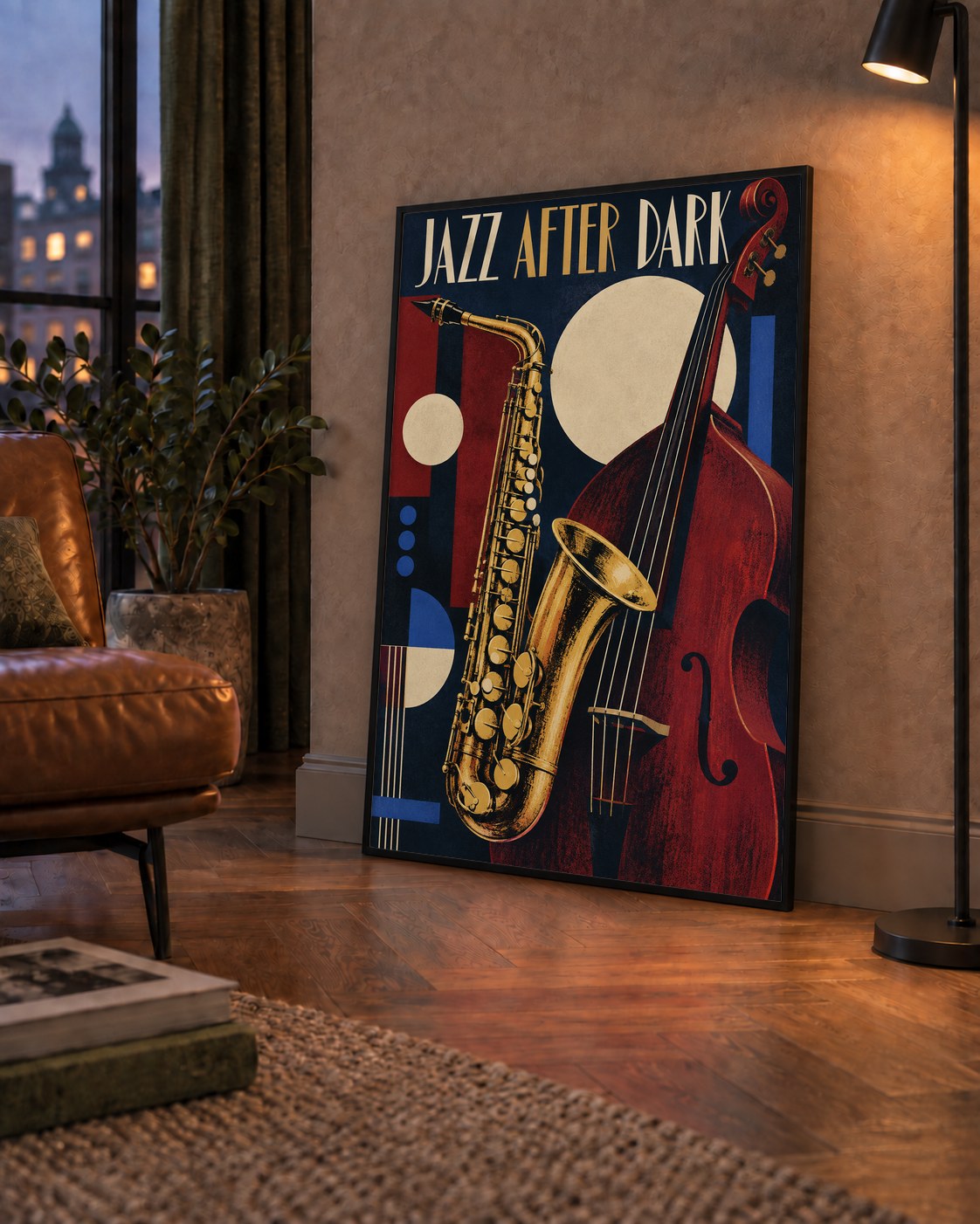 Art Deco Caz Enstrümanları ve Geometrik Poster Baskı — çerçeveli hâliyle bir ev duvarında