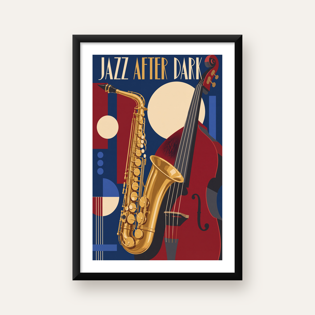 Art Deco Caz Enstrümanları ve Geometrik Poster Baskı — beyaz paspartulu, düz siyah çerçeveli