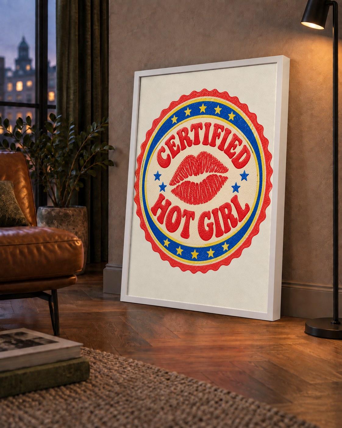 Certified Hot Girl — çerçeveli hâliyle bir ev duvarında