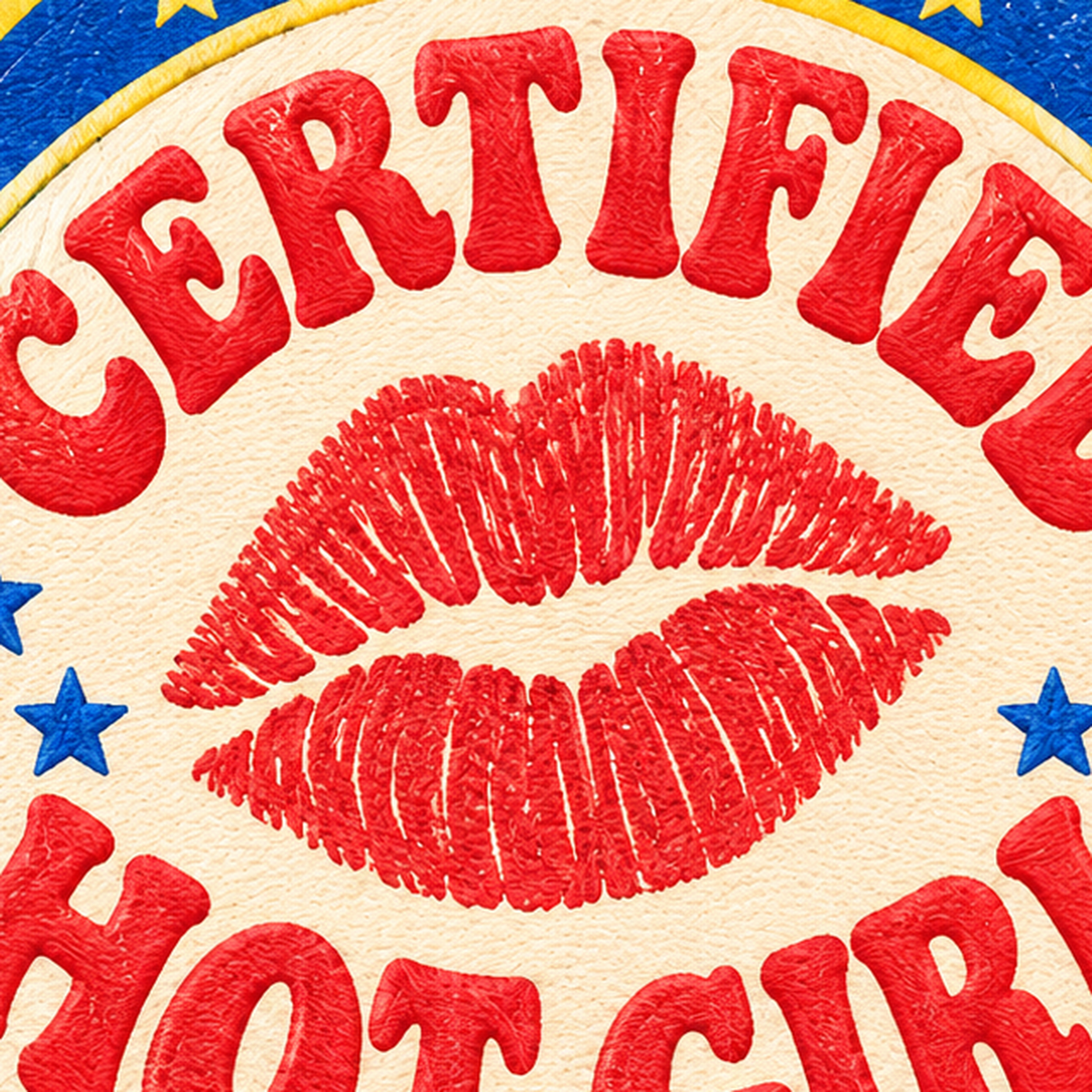 Certified Hot Girl Dudak Baskılı Retro Rozet Poster — baskının yakın çekimi, kâğıt dokusu ve renk detayı