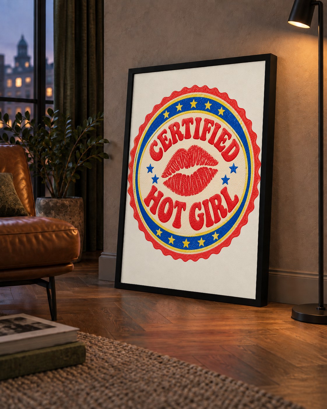 Certified Hot Girl — çerçeveli hâliyle bir ev duvarında
