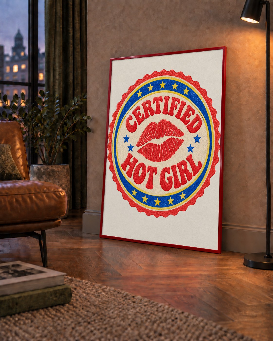 Certified Hot Girl — çerçeveli hâliyle bir ev duvarında