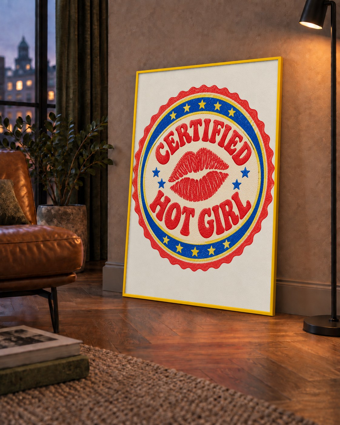 Certified Hot Girl — çerçeveli hâliyle bir ev duvarında