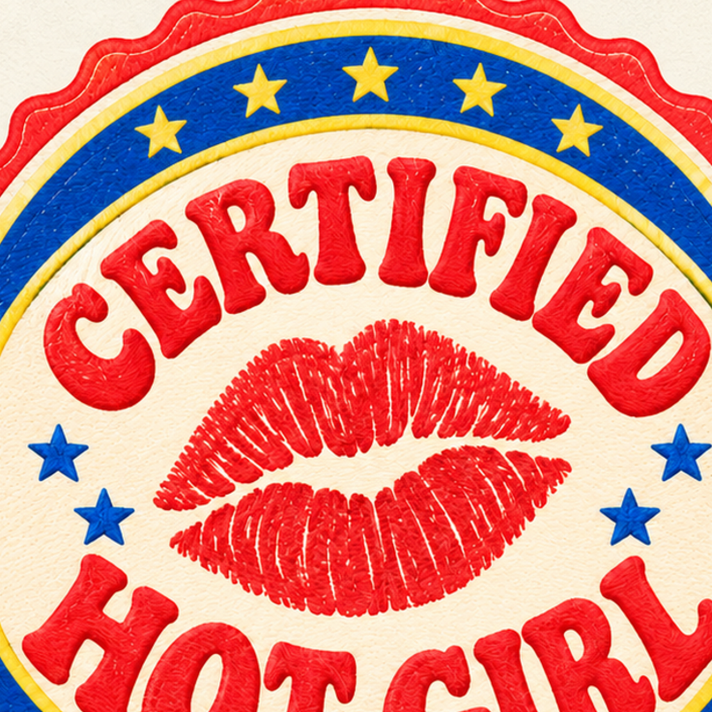 Certified Hot Girl Dudak Baskılı Retro Rozet Poster — baskının yakın çekimi, kâğıt dokusu ve renk detayı