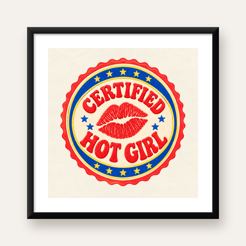 Certified Hot Girl Dudak Baskılı Retro Rozet Poster — Kare baskı, beyaz kenar boşluklu