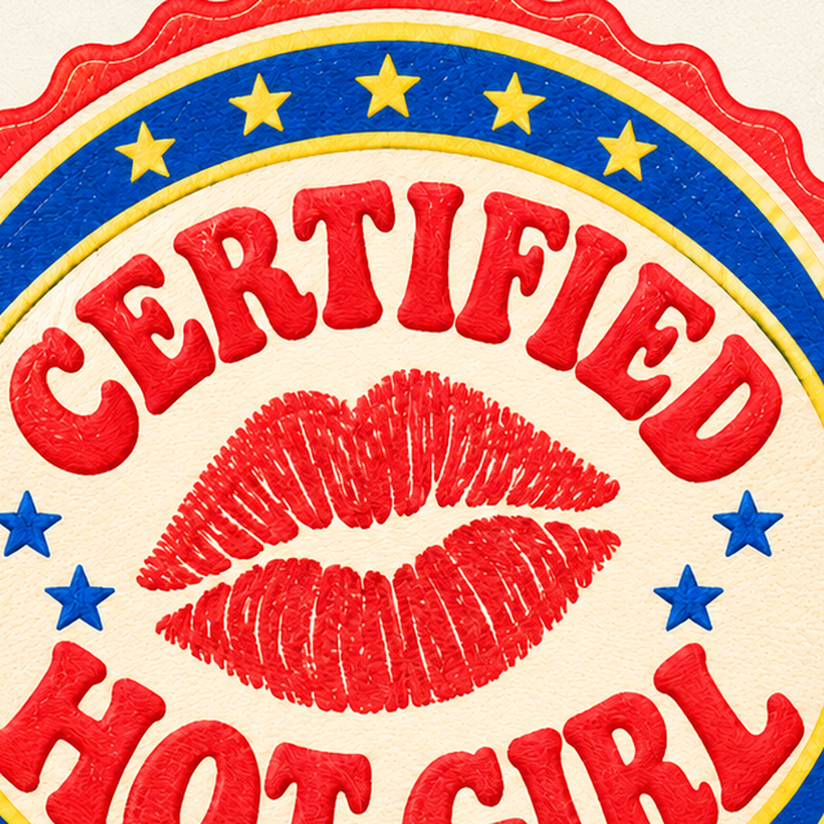 Certified Hot Girl Dudak Baskılı Retro Rozet Poster — baskının yakın çekimi, kâğıt dokusu ve renk detayı