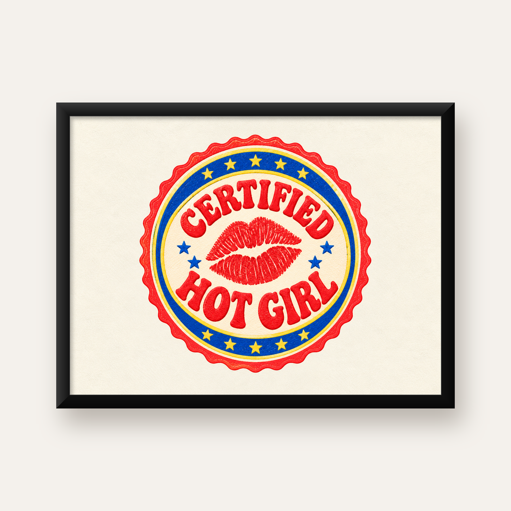 Certified Hot Girl Dudak Baskılı Retro Rozet Poster — Yatay baskı, düz siyah çerçeveli duvar posteri