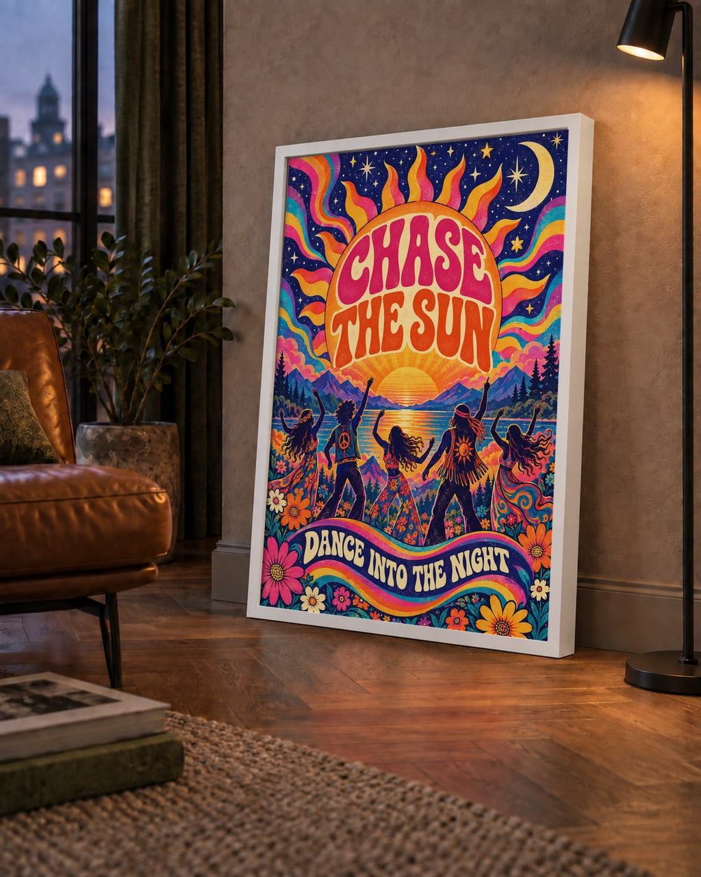 Renkli Hippie Parti Manzarası Retro Poster — çerçeveli hâliyle bir ev duvarında