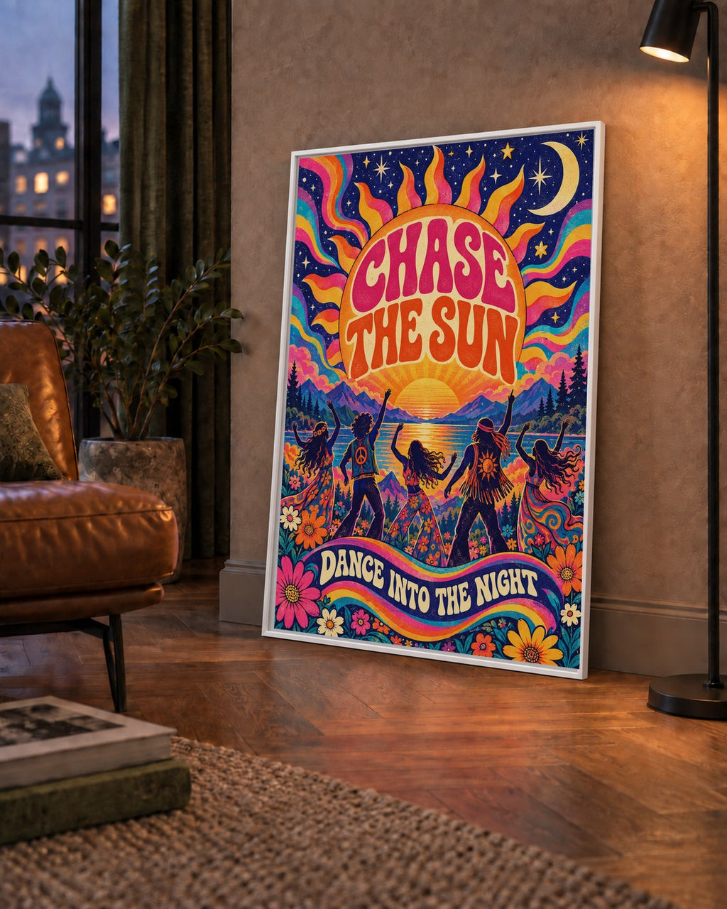 Renkli Hippie Parti Manzarası Retro Poster — çerçeveli hâliyle bir ev duvarında