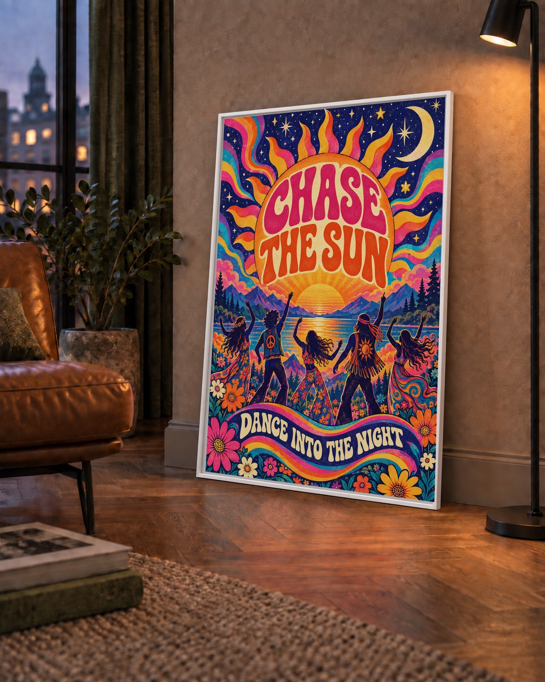 Renkli Hippie Parti Manzarası Retro Poster — çerçeveli hâliyle bir ev duvarında