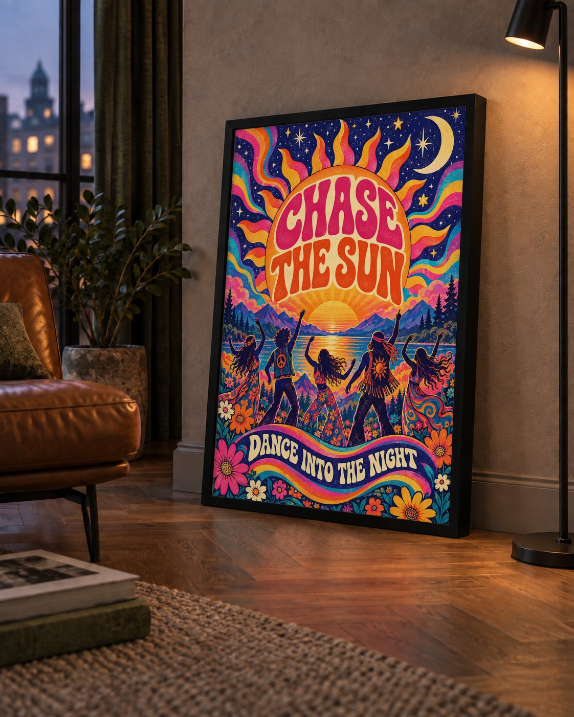 Renkli Hippie Parti Manzarası Retro Poster — çerçeveli hâliyle bir ev duvarında