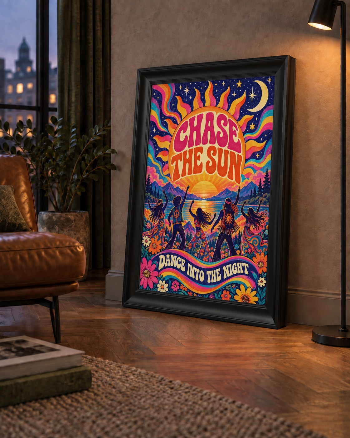 Renkli Hippie Parti Manzarası Retro Poster — çerçeveli hâliyle bir ev duvarında
