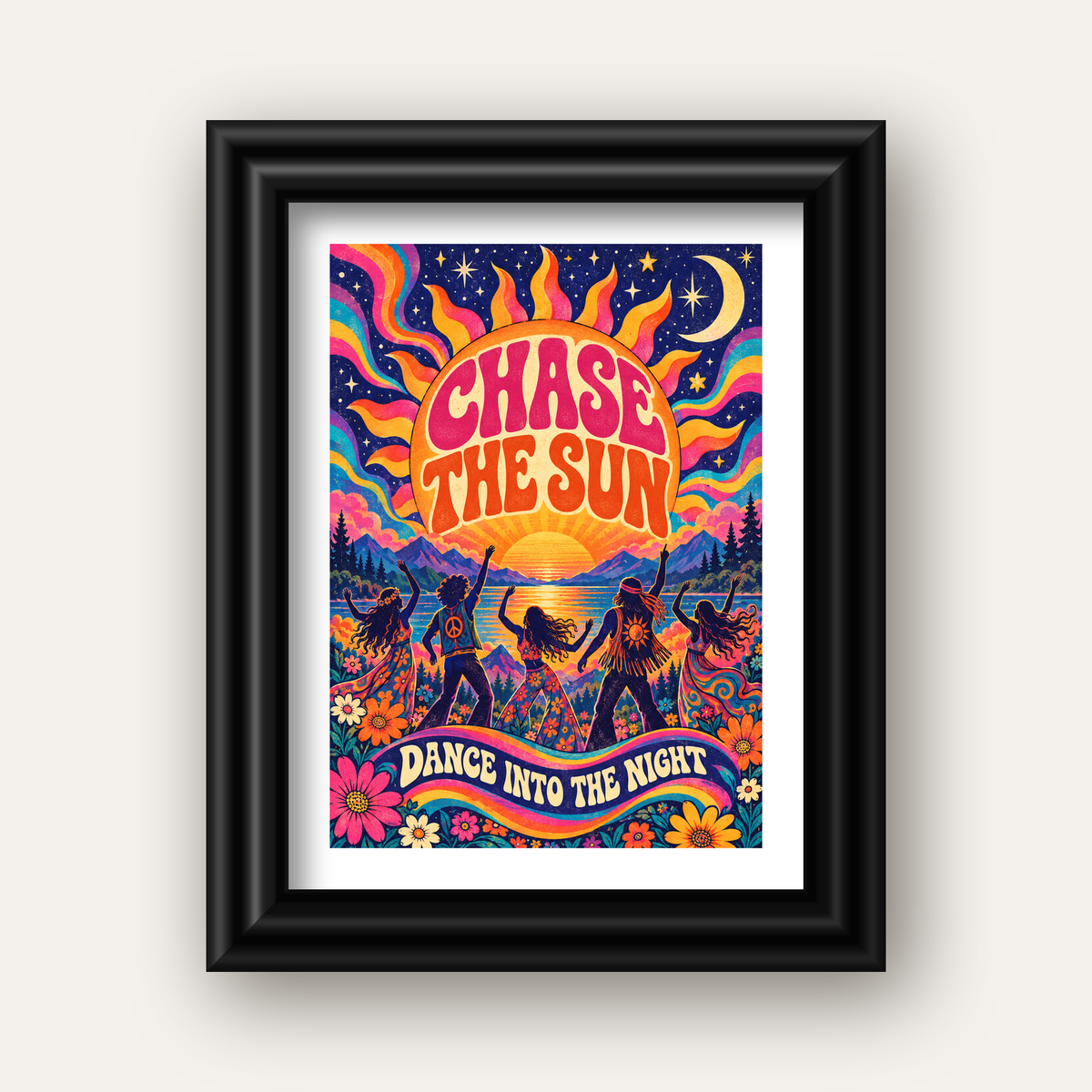 Renkli Hippie Parti Manzarası Retro Poster — siyah galeri çerçeveli paspartulu