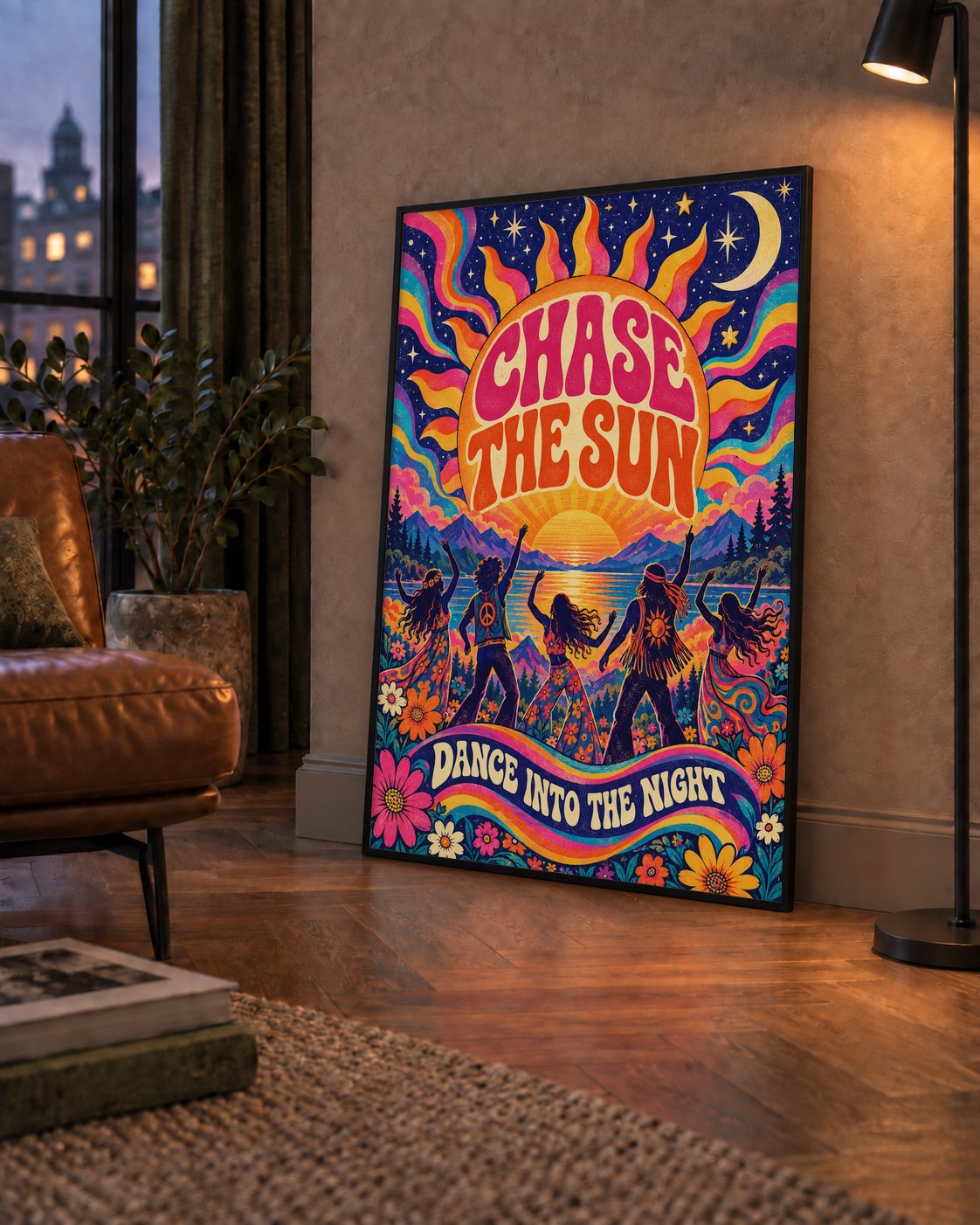 Renkli Hippie Parti Manzarası Retro Poster — çerçeveli hâliyle bir ev duvarında