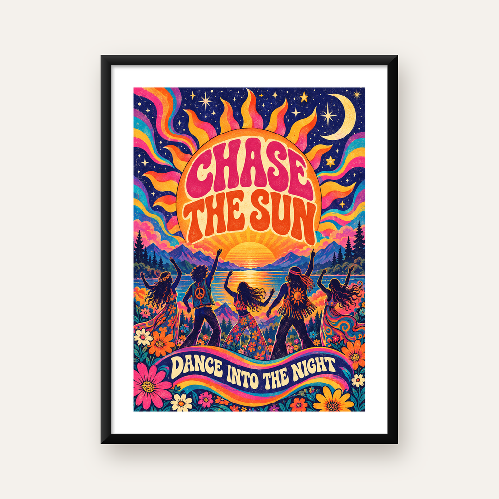 Renkli Hippie Parti Manzarası Retro Poster — Dikey baskı, beyaz paspartulu