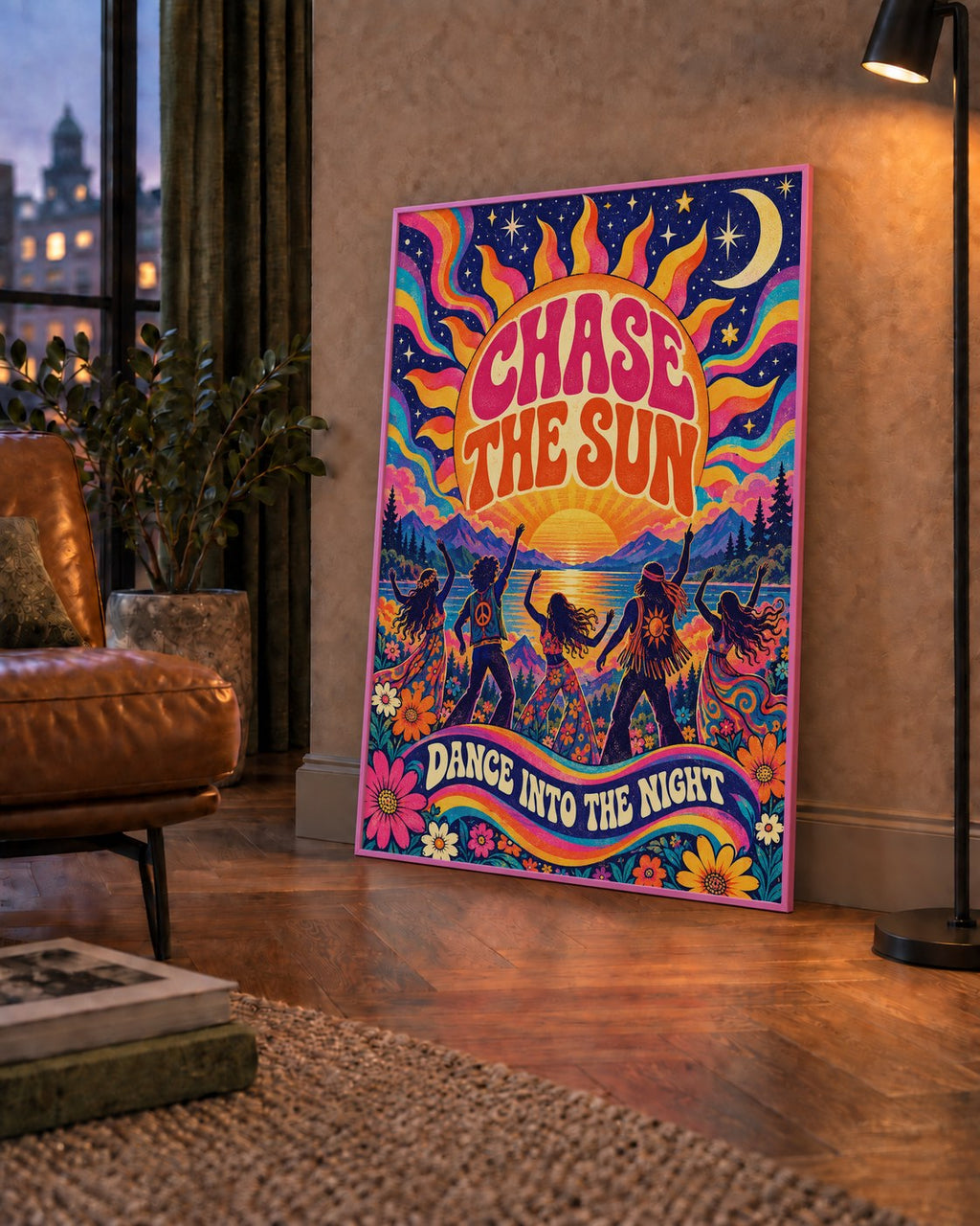 Renkli Hippie Parti Manzarası Retro Poster — çerçeveli hâliyle bir ev duvarında